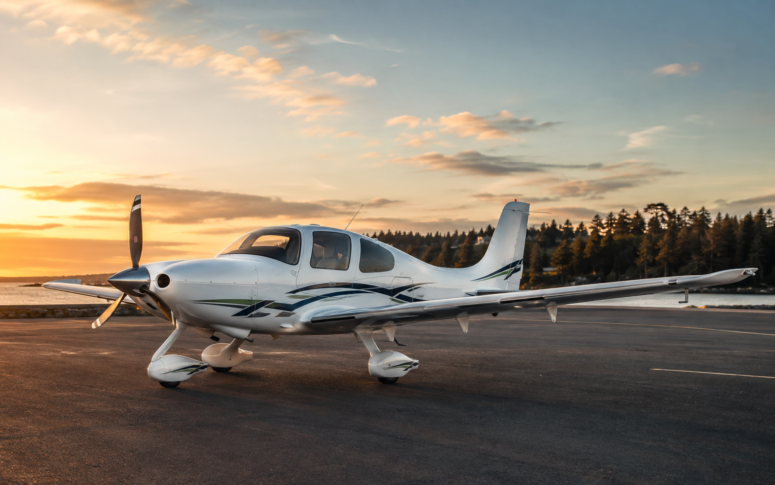 Modern single-engine training aircraft on an airport ramp at sunset